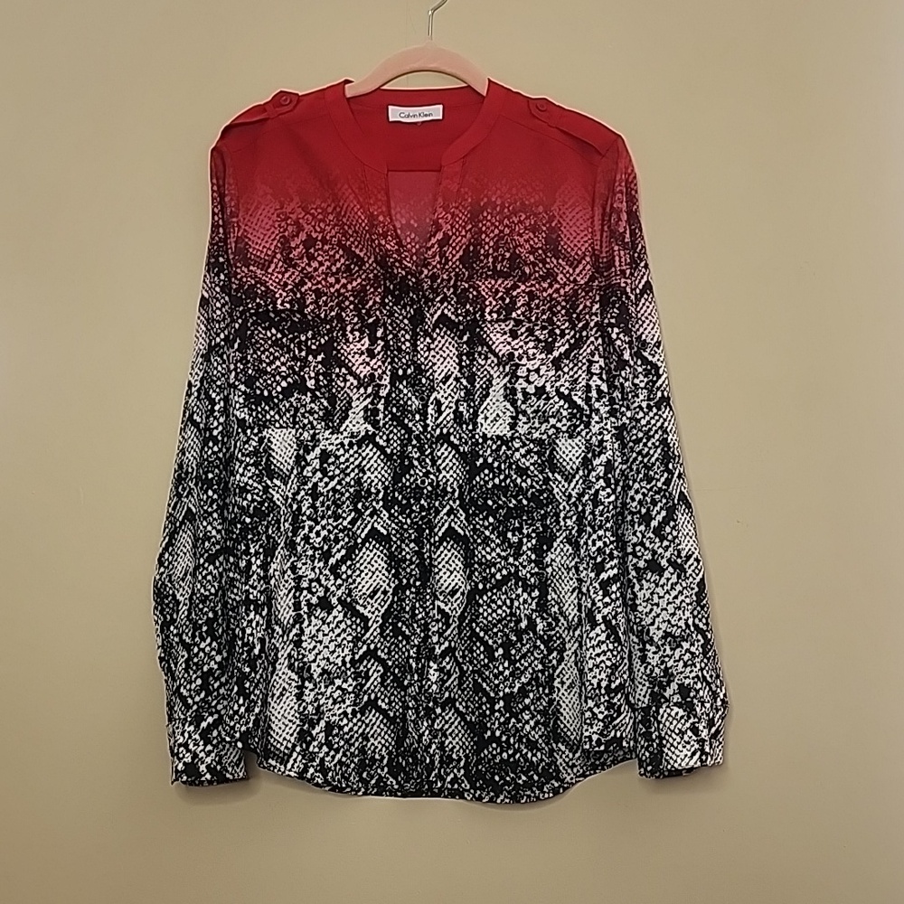 Calvin Klein Red Ombre Snakeskin Blouse -Long Sleeve Button Down Shirt Sz M